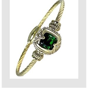 Cubic Zirconia Bangle Bracelet Emerald Green Gold Magnetic Cable 7" Women’s